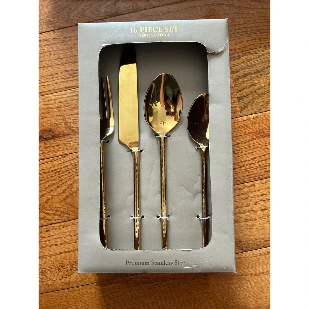 Venus Gift 16 Piece Gold Stainless Steel Flatware Set Hammered Service for 4